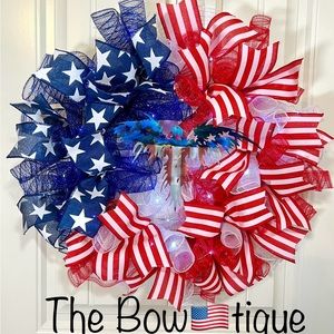 Handmade 4th of July Bald Eagle Patriotic Prelit Ribbon Wreath 22 in LED W3